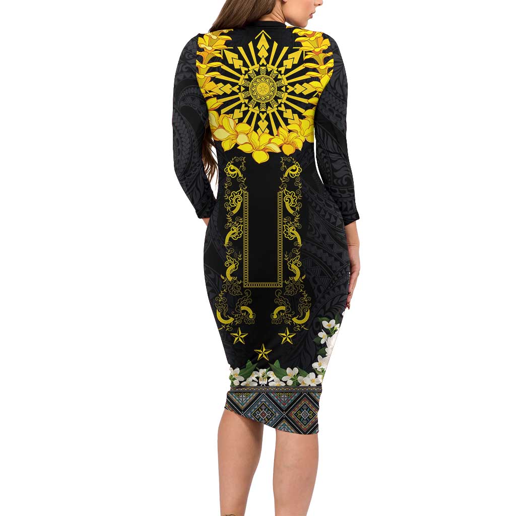 Flores de Mayo and Filipino Fiesta Long Sleeve Bodycon Dress The Sun-Jasmine and Polynesian Yakan Tattoo Barong Style