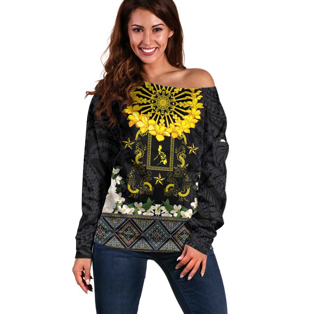 Flores de Mayo and Filipino Fiesta Off Shoulder Sweater The Sun-Jasmine and Polynesian Yakan Tattoo Barong Style