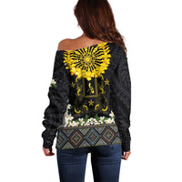 Flores de Mayo and Filipino Fiesta Off Shoulder Sweater The Sun-Jasmine and Polynesian Yakan Tattoo Barong Style