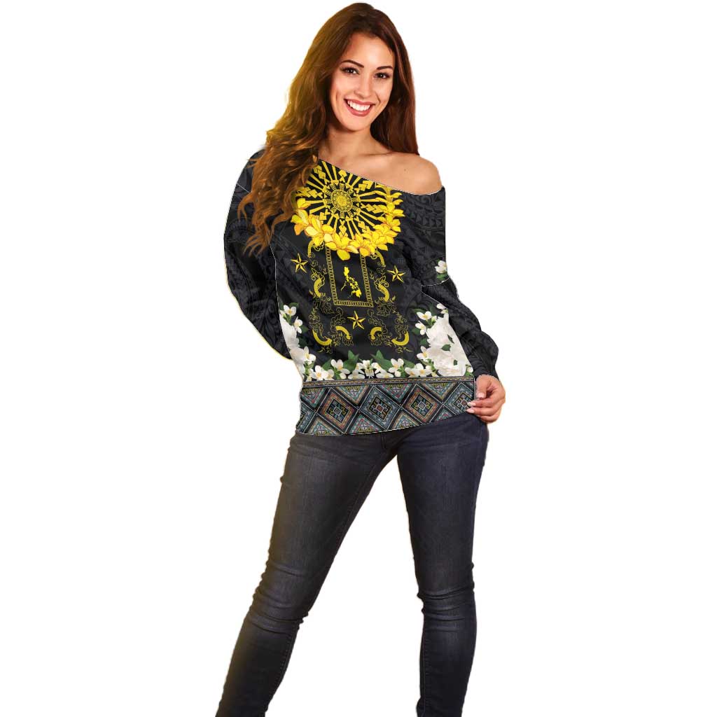 Flores de Mayo and Filipino Fiesta Off Shoulder Sweater The Sun-Jasmine and Polynesian Yakan Tattoo Barong Style