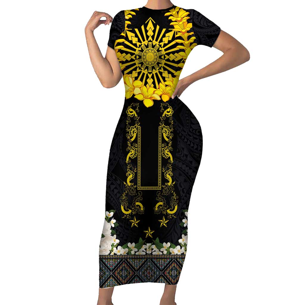 Flores de Mayo and Filipino Fiesta Short Sleeve Bodycon Dress The Sun-Jasmine and Polynesian Yakan Tattoo Barong Style