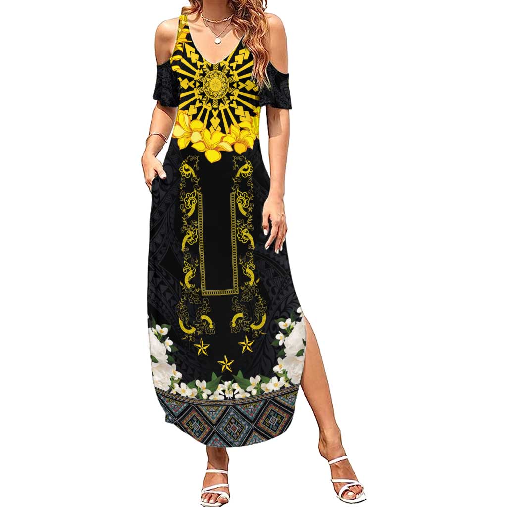 Flores de Mayo and Filipino Fiesta Summer Maxi Dress The Sun-Jasmine and Polynesian Yakan Tattoo Barong Style LT03 Women Black - Polynesian Pride