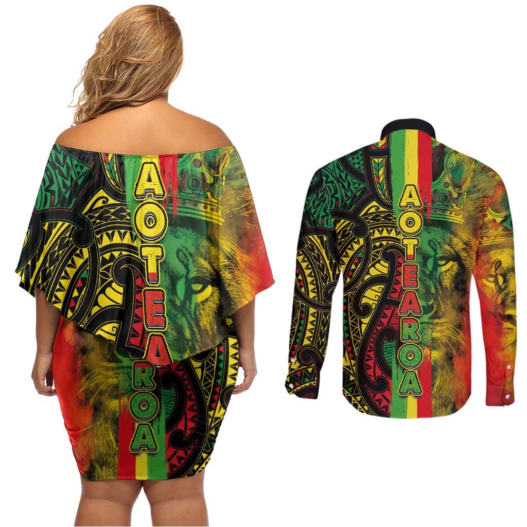 Aotearoa Reggae Couples Matching Off Shoulder Short Dress and Long Sleeve Button Shirt Maori Reggae-One Love
