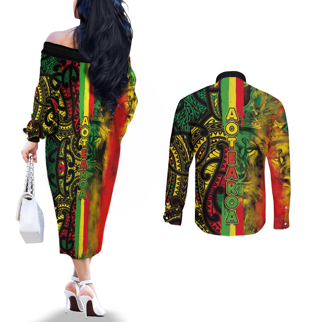 Aotearoa Reggae Couples Matching Off The Shoulder Long Sleeve Dress and Long Sleeve Button Shirt Maori Reggae-One Love