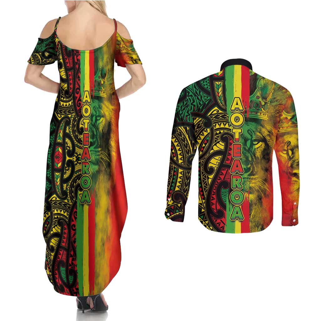 Aotearoa Reggae Couples Matching Summer Maxi Dress and Long Sleeve Button Shirt Maori Reggae-One Love LT03 - Polynesian Pride