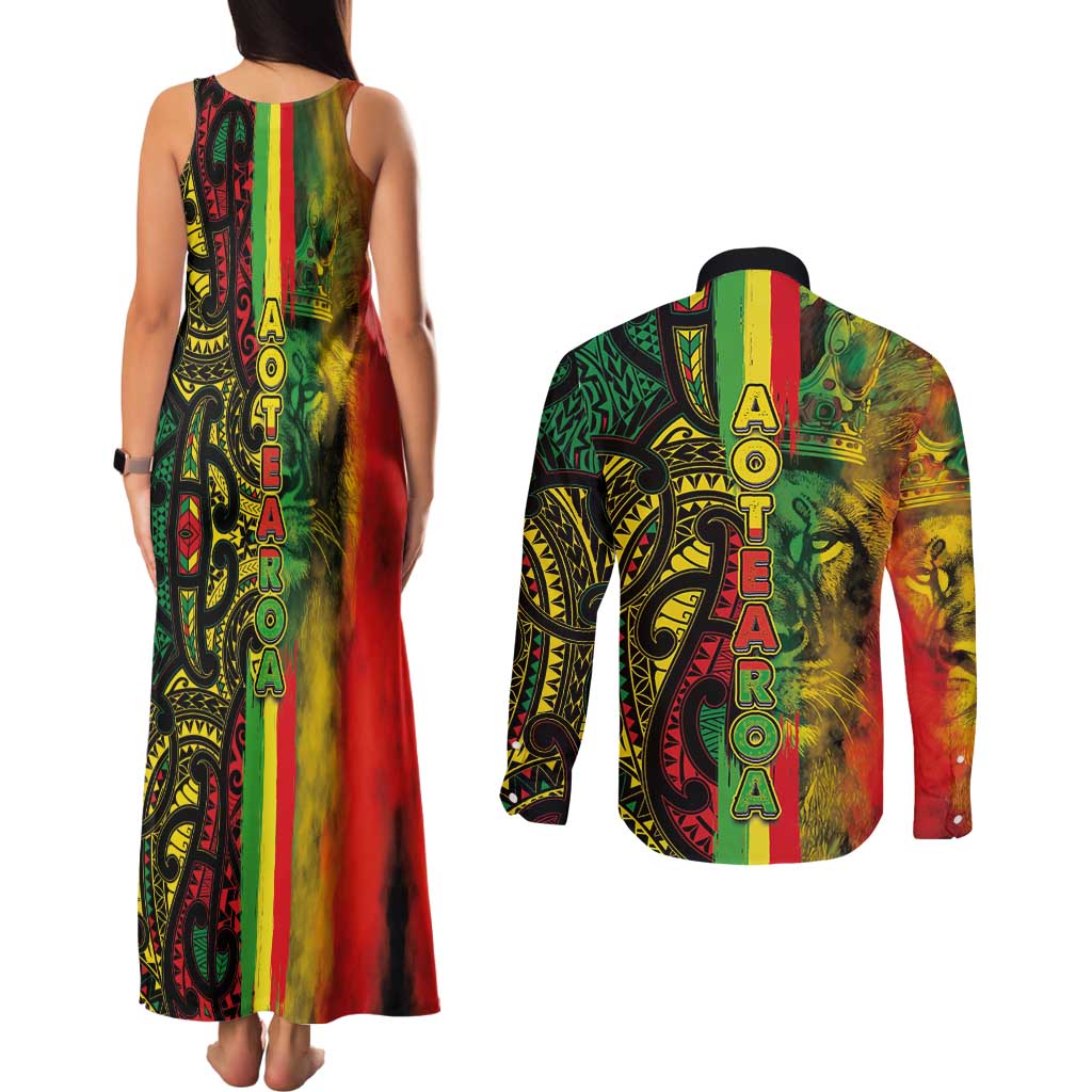 Aotearoa Reggae Couples Matching Tank Maxi Dress and Long Sleeve Button Shirt Maori Reggae-One Love LT03 - Polynesian Pride