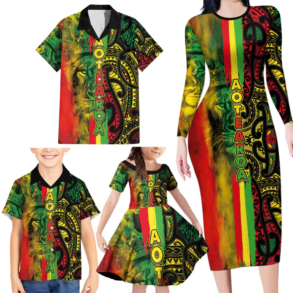 Aotearoa Reggae Family Matching Long Sleeve Bodycon Dress and Hawaiian Shirt Maori Reggae-One Love