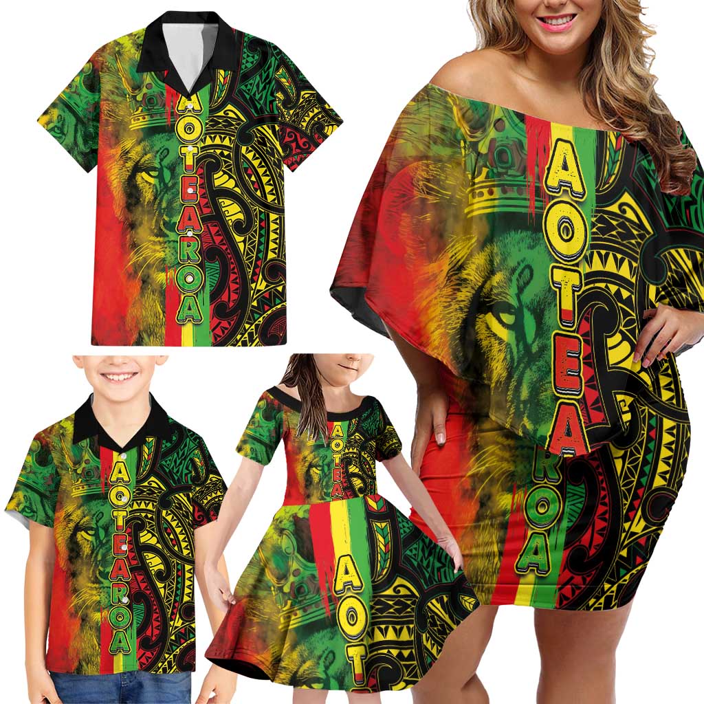 Aotearoa Reggae Family Matching Off Shoulder Short Dress and Hawaiian Shirt Maori Reggae-One Love