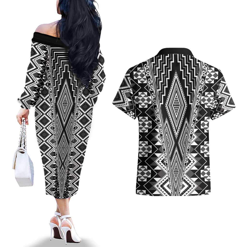 Aotearoa Tukutuku and Poutama Motif Classic Couples Matching Off The Shoulder Long Sleeve Dress and Hawaiian Shirt