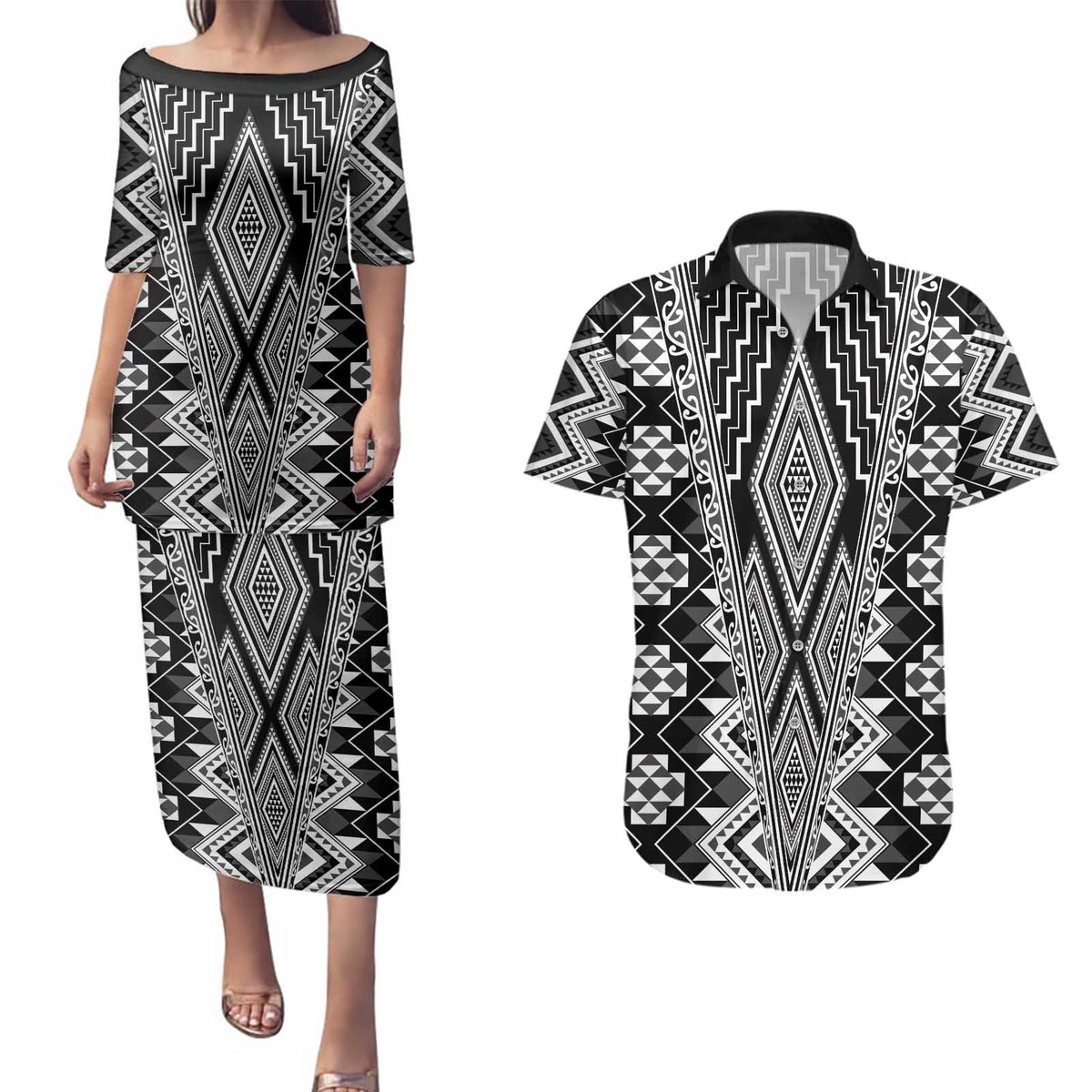 Aotearoa Tukutuku and Poutama Motif Classic Couples Matching Puletasi and Hawaiian Shirt