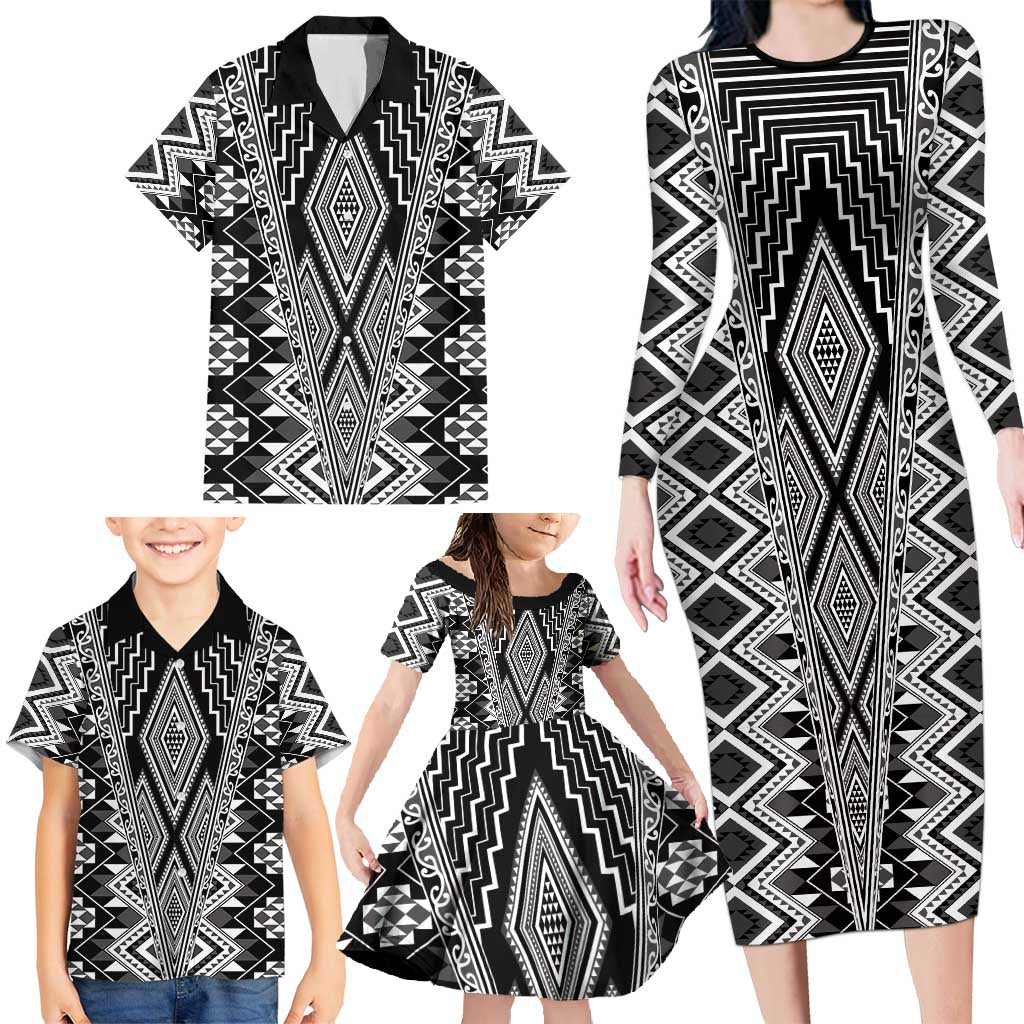 Aotearoa Tukutuku and Poutama Motif Classic Family Matching Long Sleeve Bodycon Dress and Hawaiian Shirt