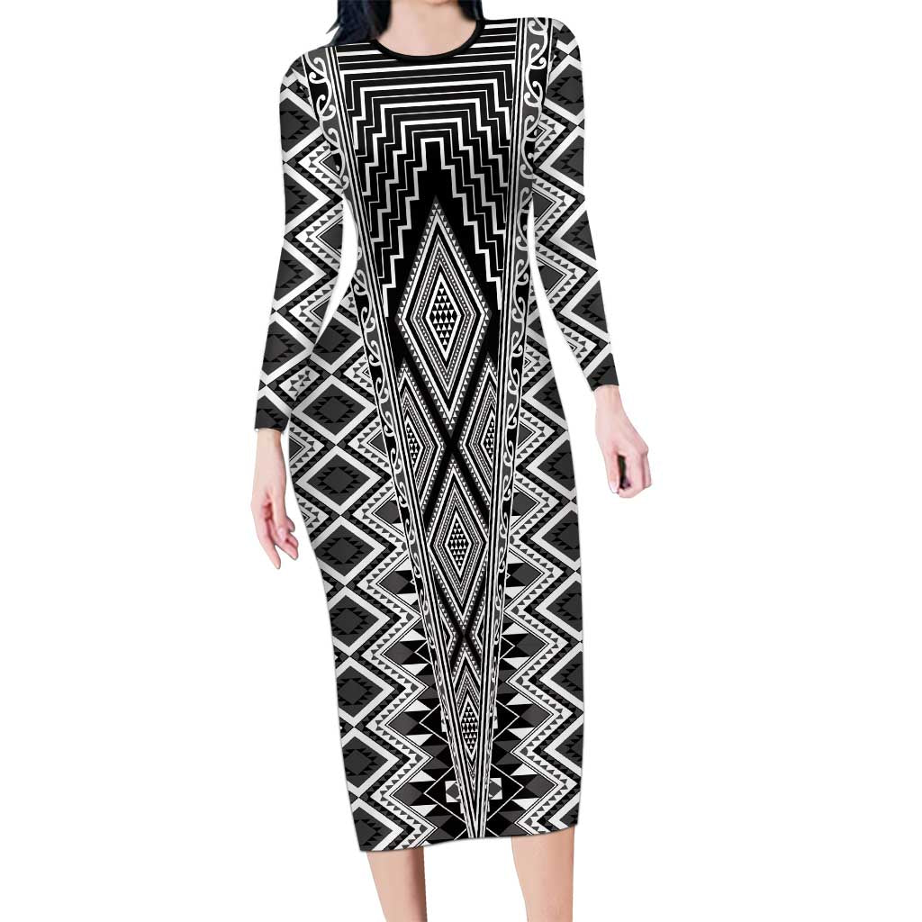 Aotearoa Tukutuku and Poutama Motif Classic Family Matching Long Sleeve Bodycon Dress and Hawaiian Shirt