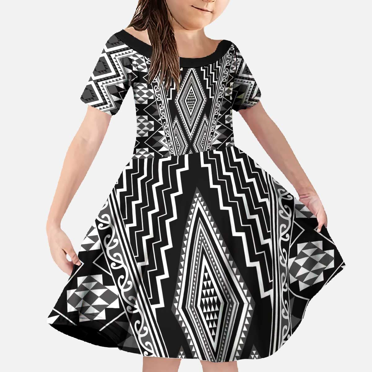 Aotearoa Tukutuku and Poutama Motif Classic Family Matching Off The Shoulder Long Sleeve Dress and Hawaiian Shirt