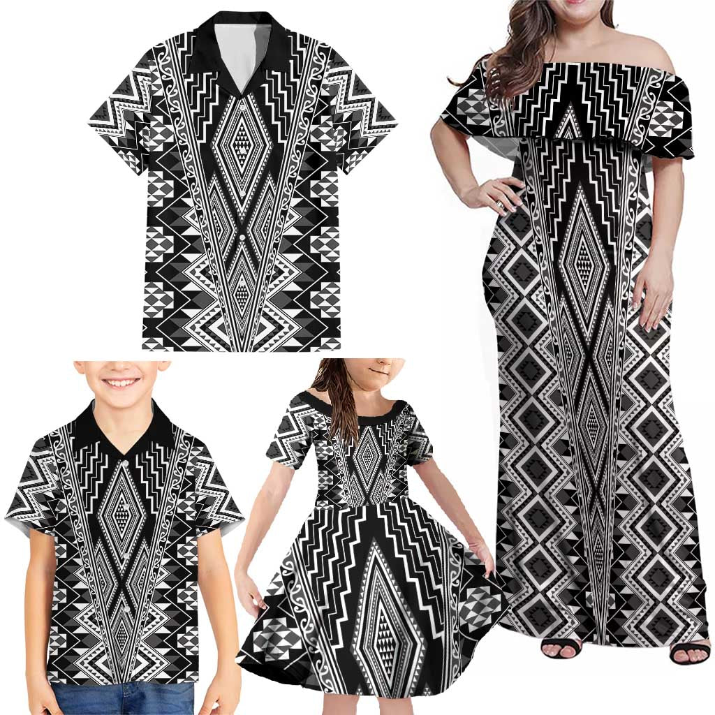 Aotearoa Tukutuku and Poutama Motif Classic Family Matching Off Shoulder Maxi Dress and Hawaiian Shirt