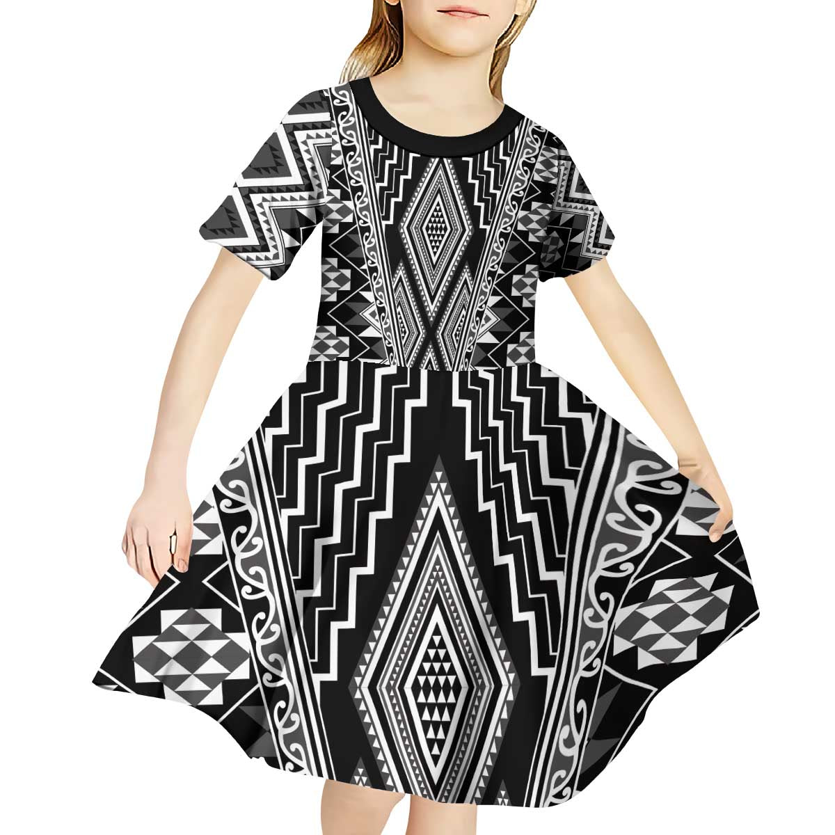 Aotearoa Tukutuku and Poutama Motif Classic Kid Short Sleeve Dress