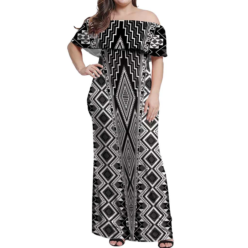 Aotearoa Tukutuku and Poutama Motif Classic Off Shoulder Maxi Dress LT03 Women Gray - Polynesian Pride