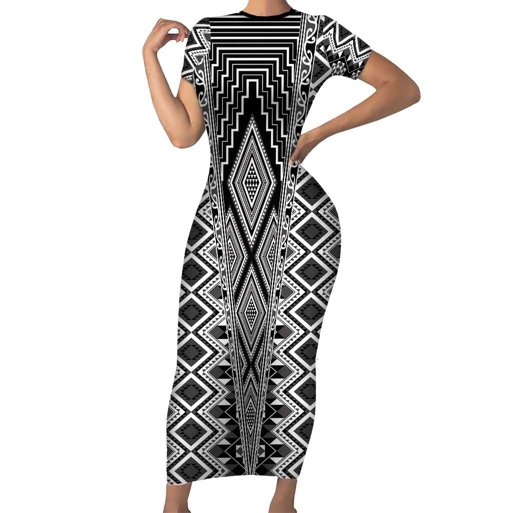 Aotearoa Tukutuku and Poutama Motif Classic Short Sleeve Bodycon Dress LT03 Long Dress Gray - Polynesian Pride