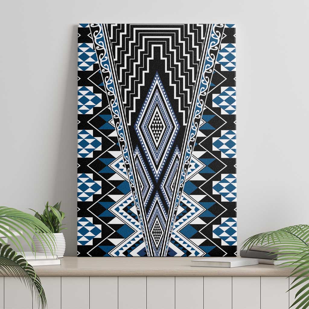 Blue Aotearoa Tukutuku and Poutama Motif Canvas Wall Art LT03 - Polynesian Pride