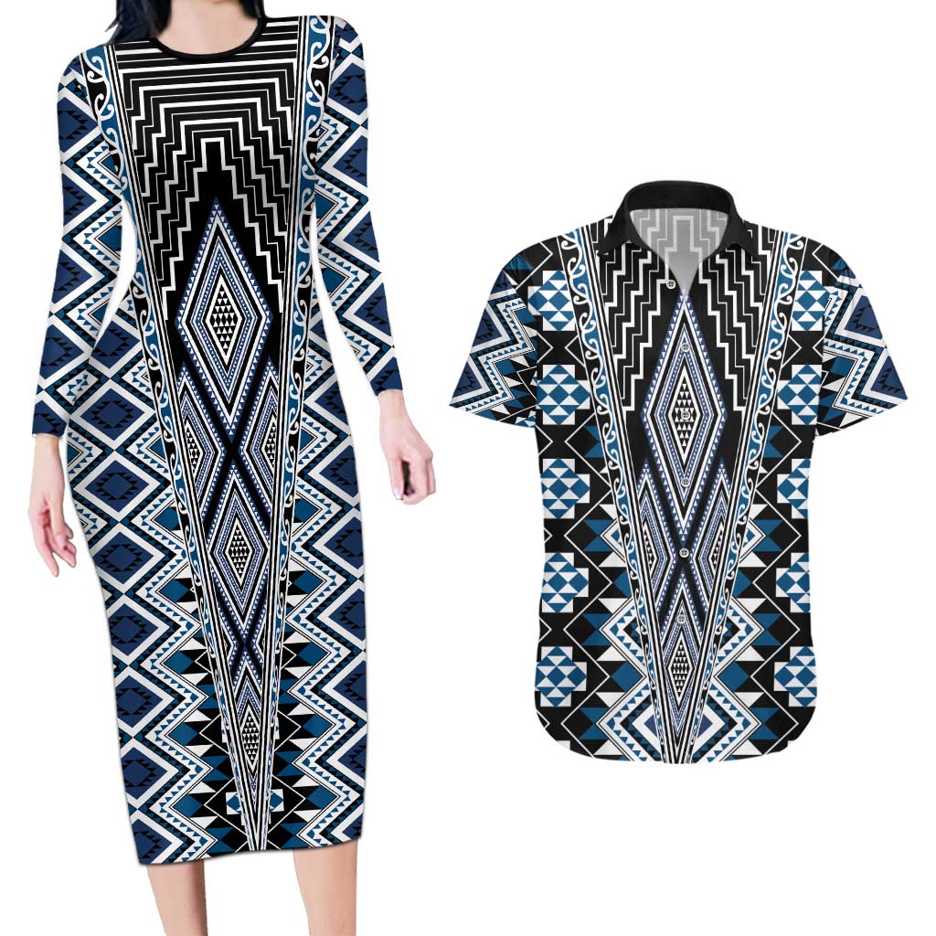 Blue Aotearoa Tukutuku and Poutama Motif Couples Matching Long Sleeve Bodycon Dress and Hawaiian Shirt LT03 Blue - Polynesian Pride