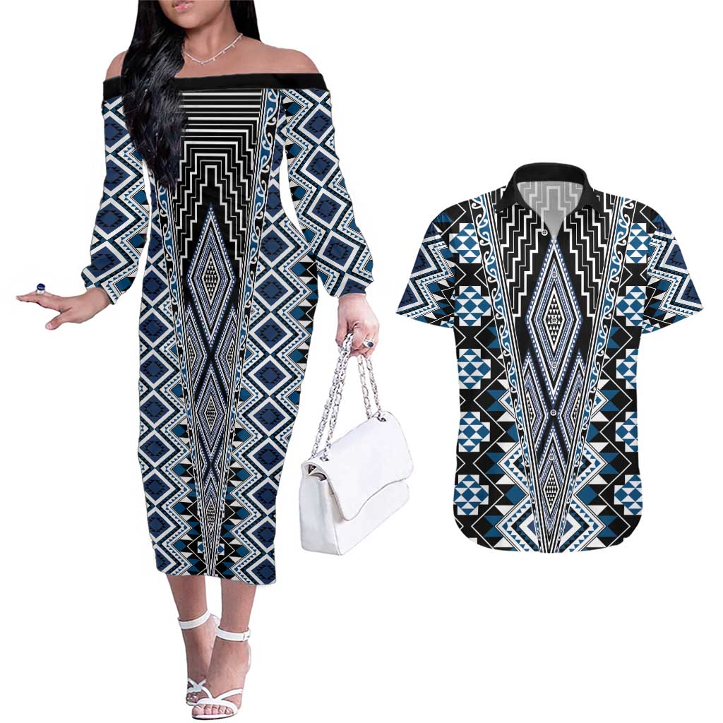 Blue Aotearoa Tukutuku and Poutama Motif Couples Matching Off The Shoulder Long Sleeve Dress and Hawaiian Shirt LT03 Blue - Polynesian Pride