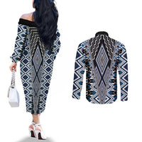 Blue Aotearoa Tukutuku and Poutama Motif Couples Matching Off The Shoulder Long Sleeve Dress and Long Sleeve Button Shirt