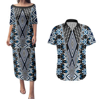 Blue Aotearoa Tukutuku and Poutama Motif Couples Matching Puletasi and Hawaiian Shirt