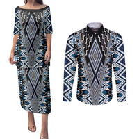 Blue Aotearoa Tukutuku and Poutama Motif Couples Matching Puletasi and Long Sleeve Button Shirt