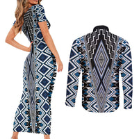 Blue Aotearoa Tukutuku and Poutama Motif Couples Matching Short Sleeve Bodycon Dress and Long Sleeve Button Shirt
