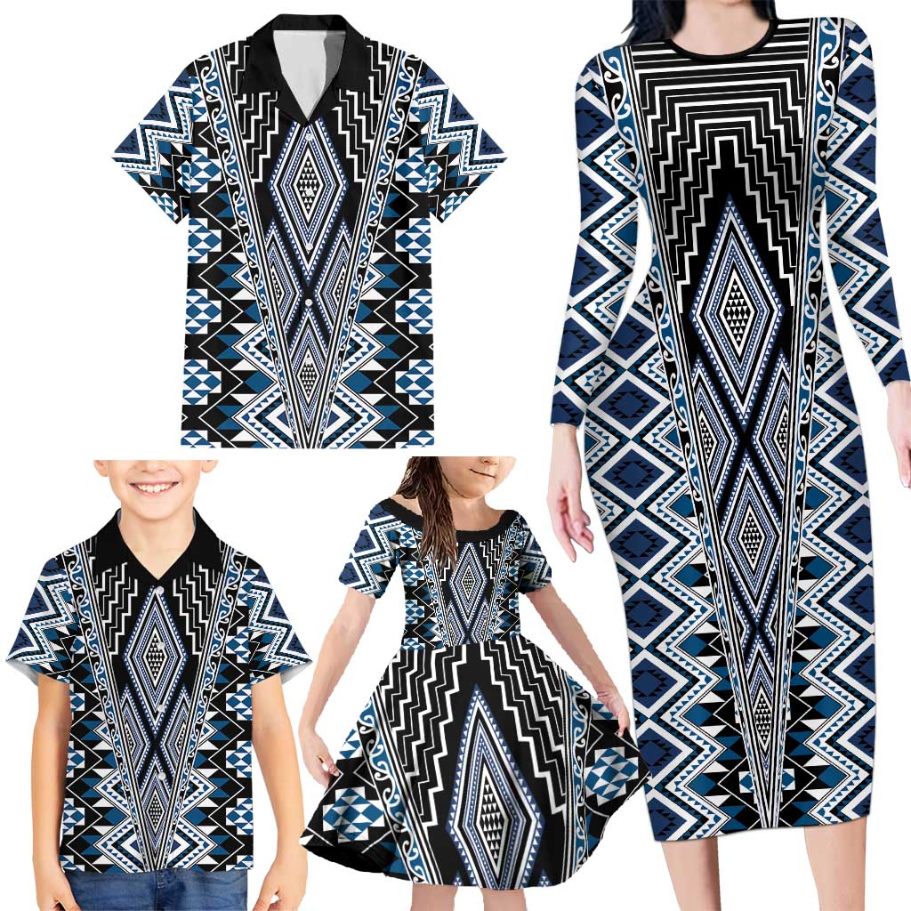 Blue Aotearoa Tukutuku and Poutama Motif Family Matching Long Sleeve Bodycon Dress and Hawaiian Shirt