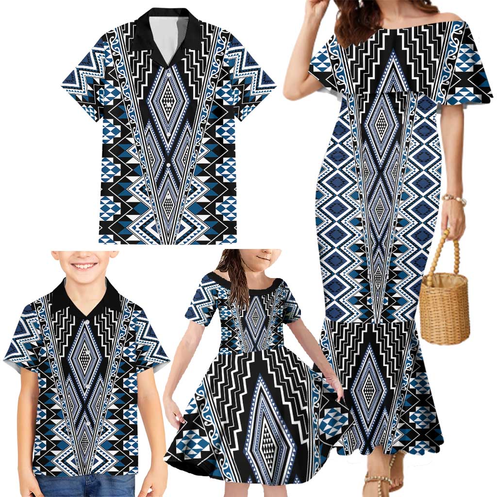 Blue Aotearoa Tukutuku and Poutama Motif Family Matching Mermaid Dress and Hawaiian Shirt