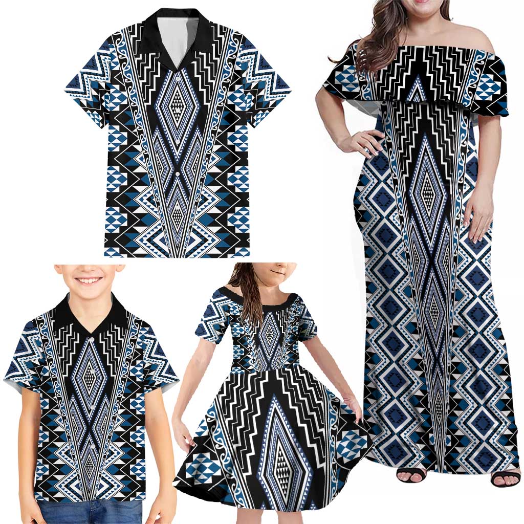 Blue Aotearoa Tukutuku and Poutama Motif Family Matching Off Shoulder Maxi Dress and Hawaiian Shirt