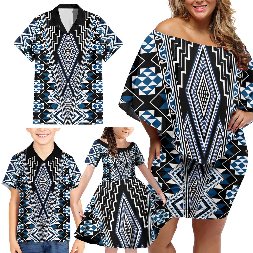 Blue Aotearoa Tukutuku and Poutama Motif Family Matching Off Shoulder Short Dress and Hawaiian Shirt