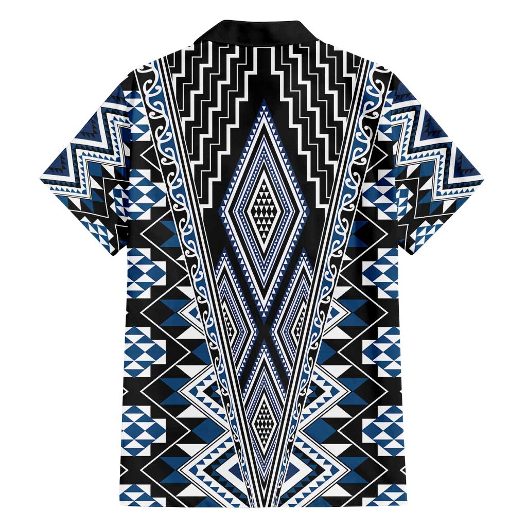 Blue Aotearoa Tukutuku and Poutama Motif Family Matching Off Shoulder Short Dress and Hawaiian Shirt