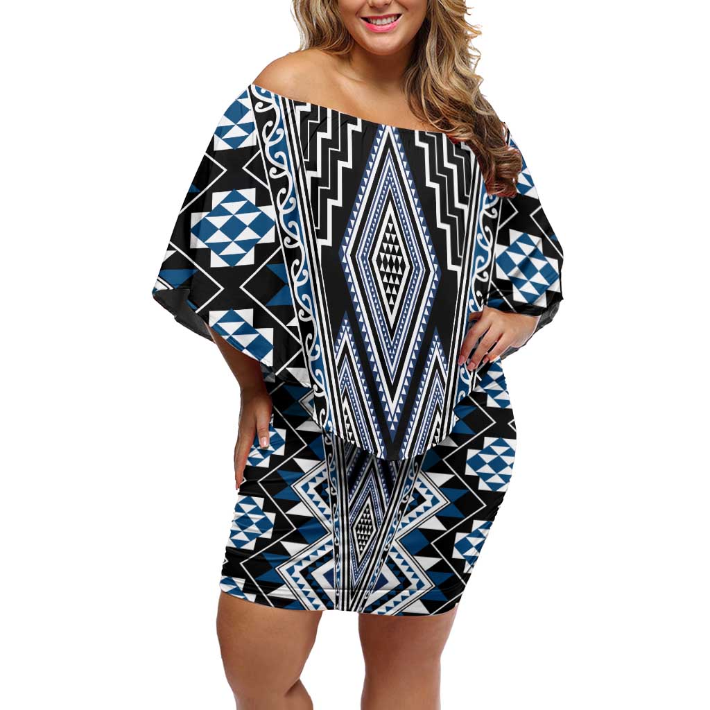 Blue Aotearoa Tukutuku and Poutama Motif Family Matching Off Shoulder Short Dress and Hawaiian Shirt