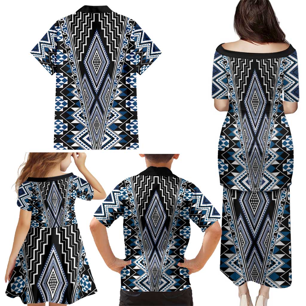 Blue Aotearoa Tukutuku and Poutama Motif Family Matching Puletasi and Hawaiian Shirt