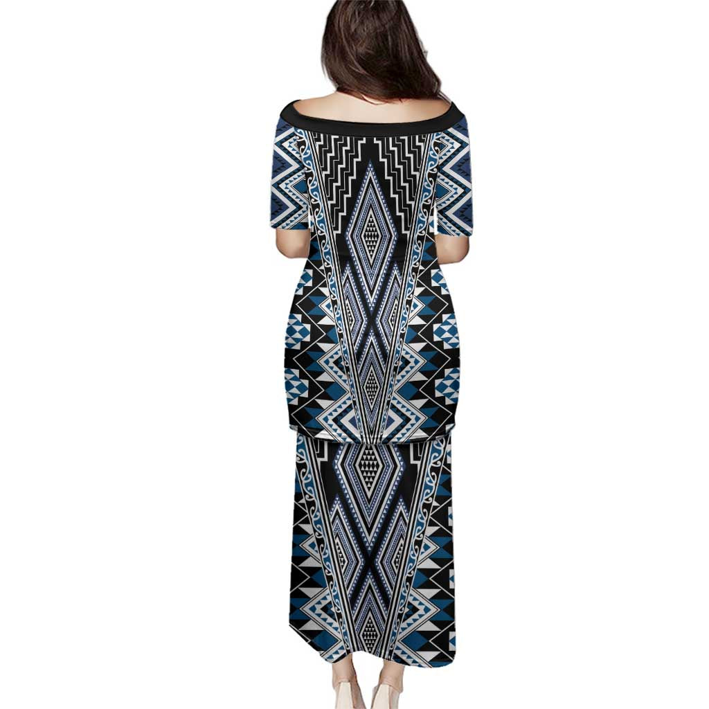 Blue Aotearoa Tukutuku and Poutama Motif Family Matching Puletasi and Hawaiian Shirt