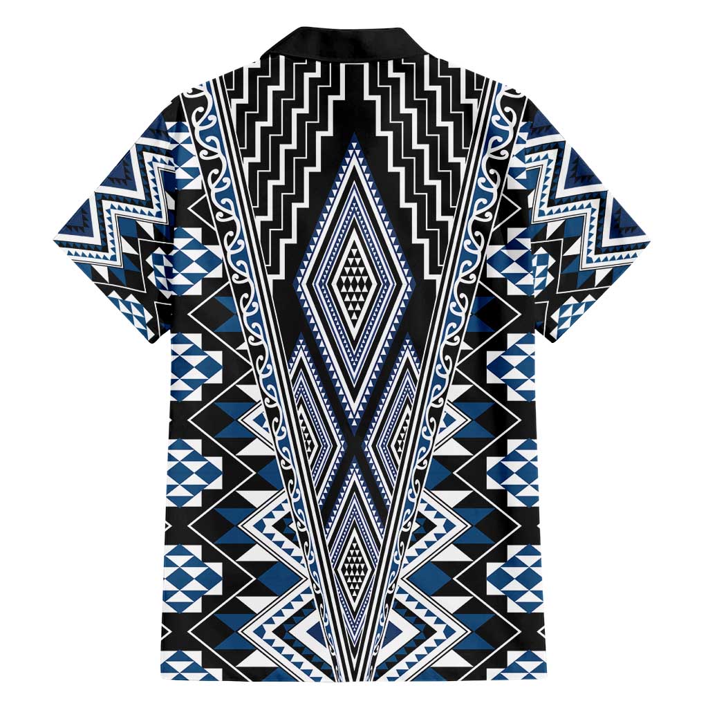 Blue Aotearoa Tukutuku and Poutama Motif Family Matching Short Sleeve Bodycon Dress and Hawaiian Shirt