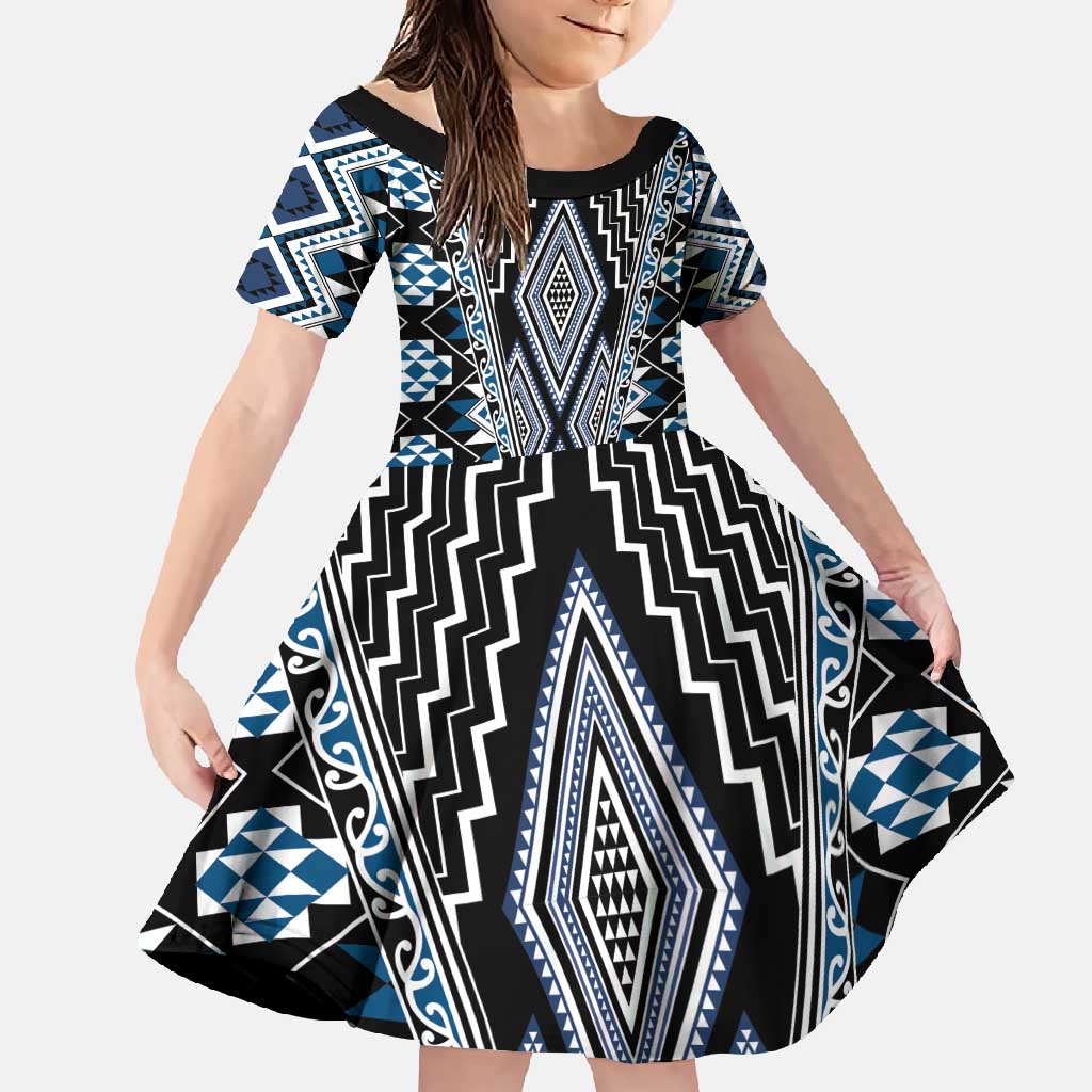 Blue Aotearoa Tukutuku and Poutama Motif Family Matching Tank Maxi Dress and Hawaiian Shirt