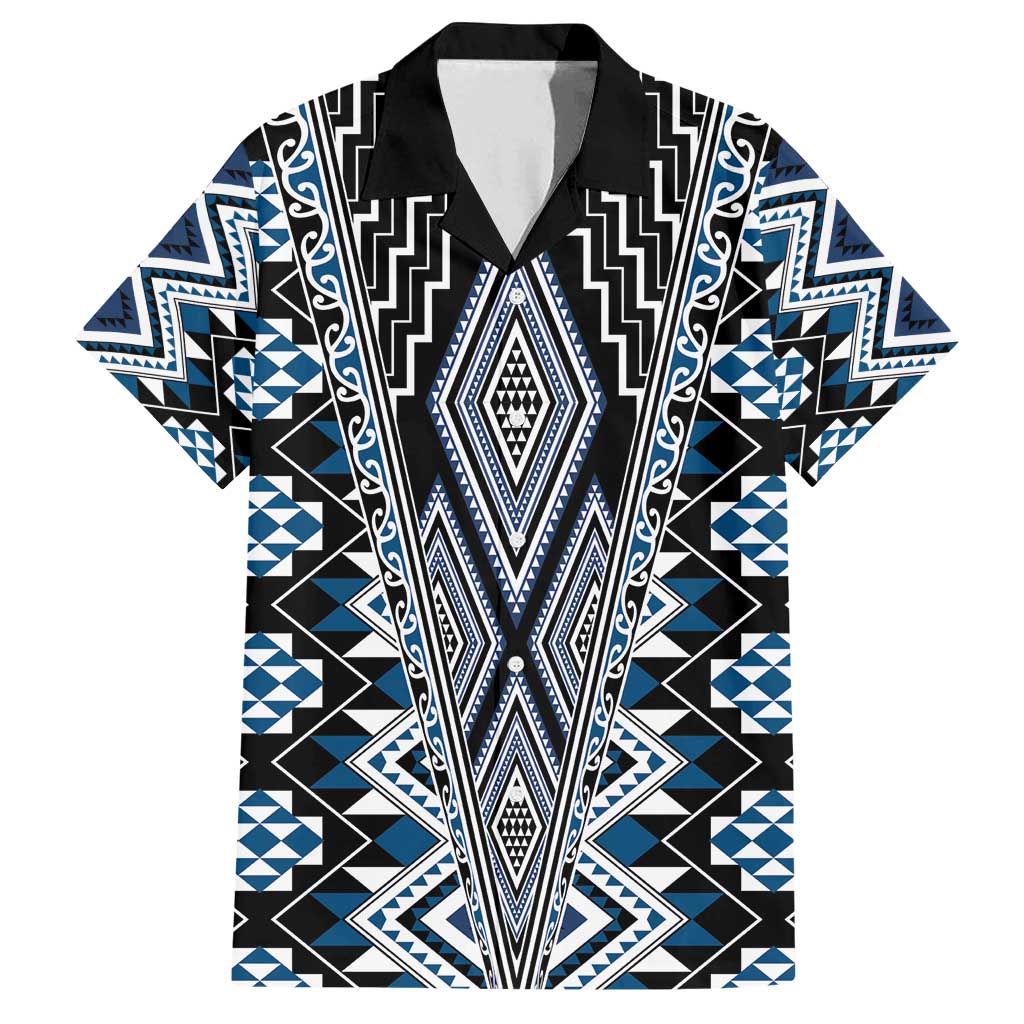 Blue Aotearoa Tukutuku and Poutama Motif Family Matching Tank Maxi Dress and Hawaiian Shirt