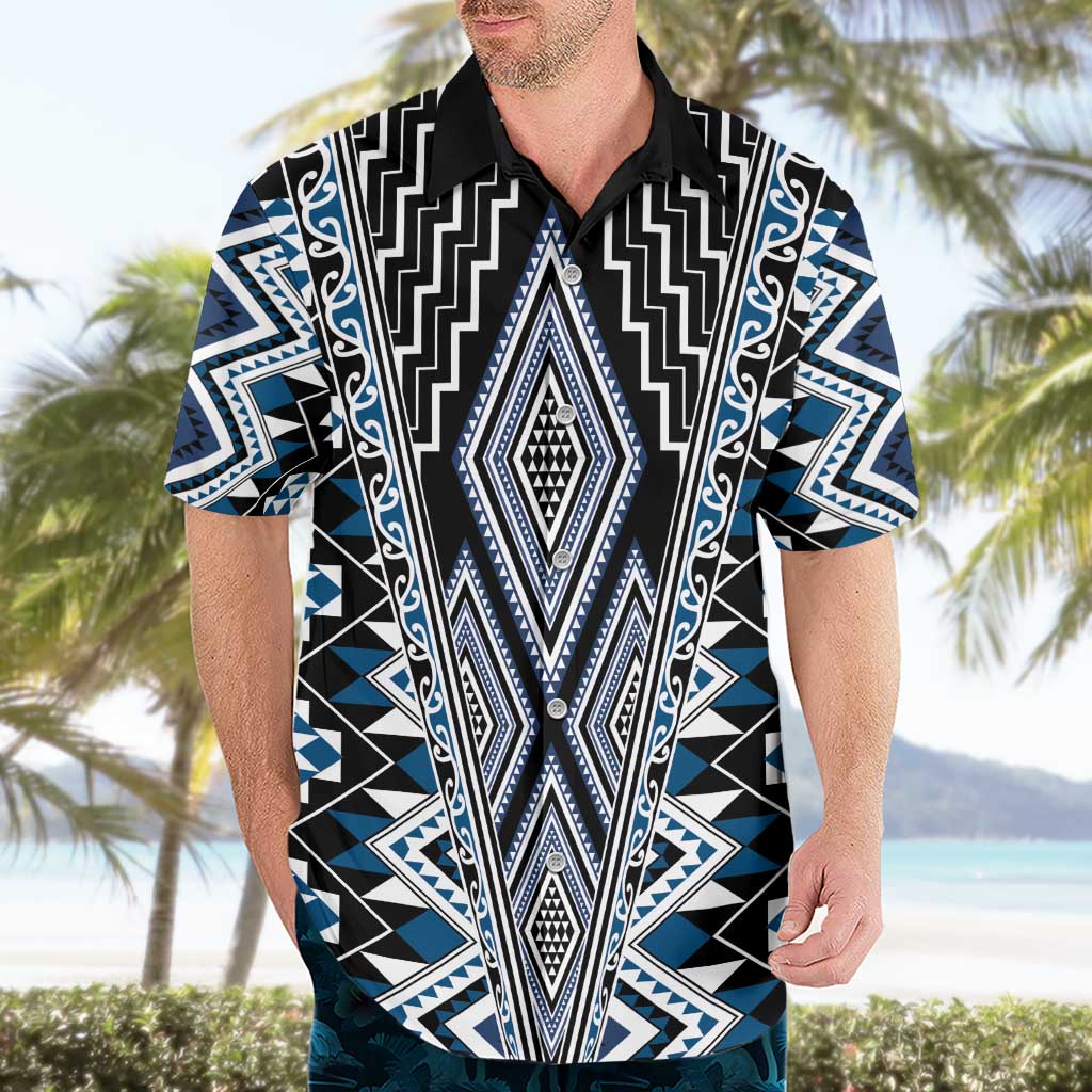 Blue Aotearoa Tukutuku and Poutama Motif Hawaiian Shirt LT03 - Polynesian Pride