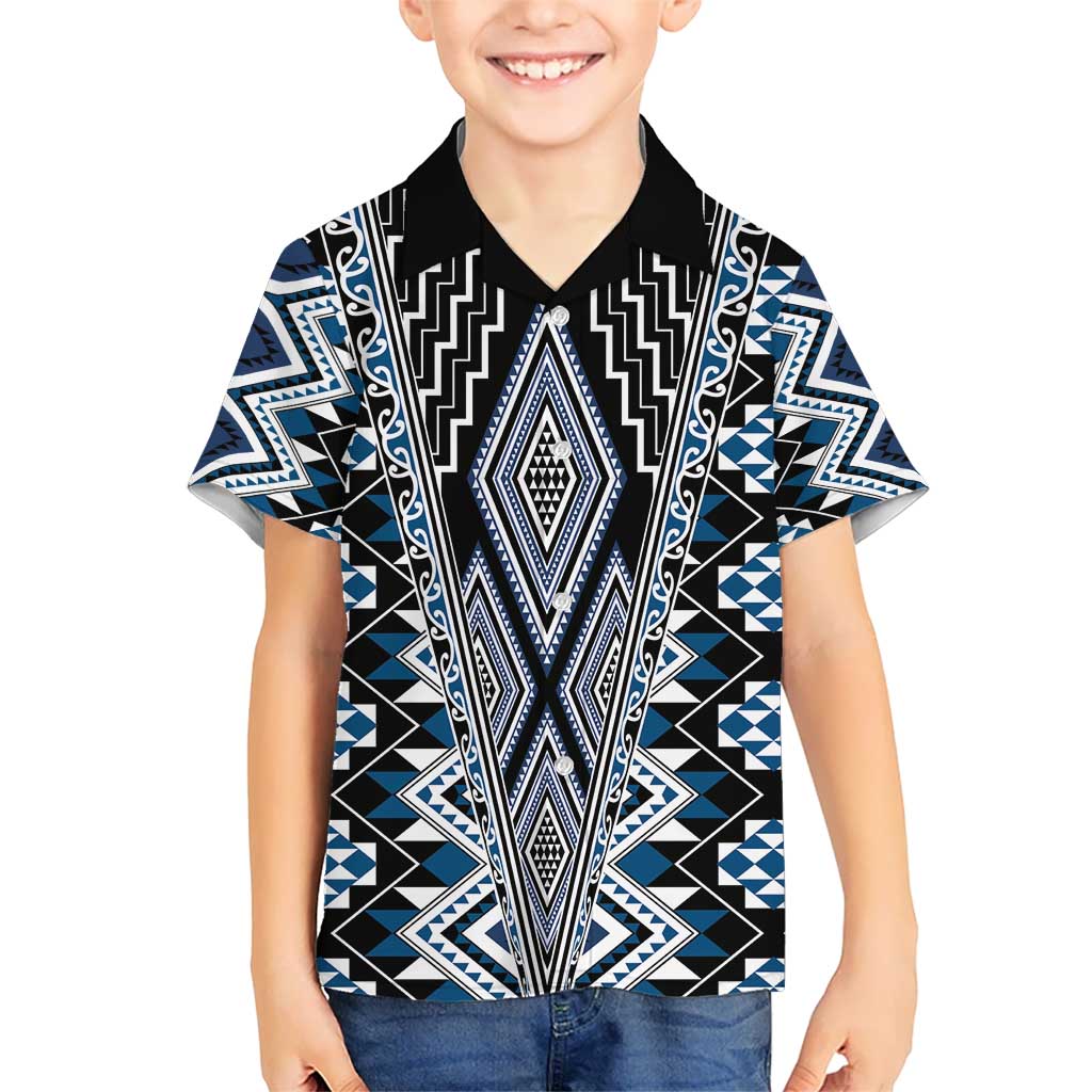 Blue Aotearoa Tukutuku and Poutama Motif Kid Hawaiian Shirt