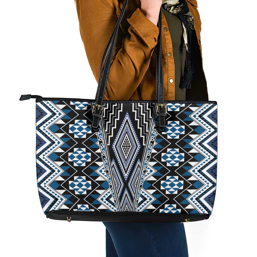 Blue Aotearoa Tukutuku and Poutama Motif Leather Tote Bag