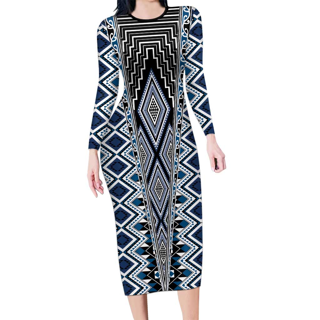 Blue Aotearoa Tukutuku and Poutama Motif Long Sleeve Bodycon Dress