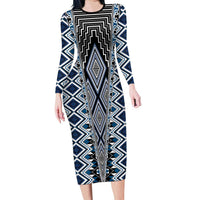 Blue Aotearoa Tukutuku and Poutama Motif Long Sleeve Bodycon Dress
