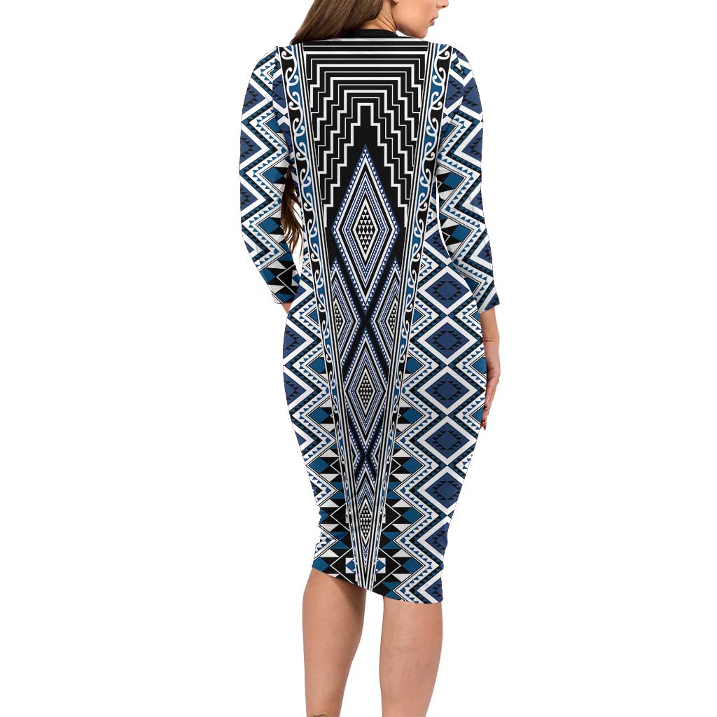 Blue Aotearoa Tukutuku and Poutama Motif Long Sleeve Bodycon Dress
