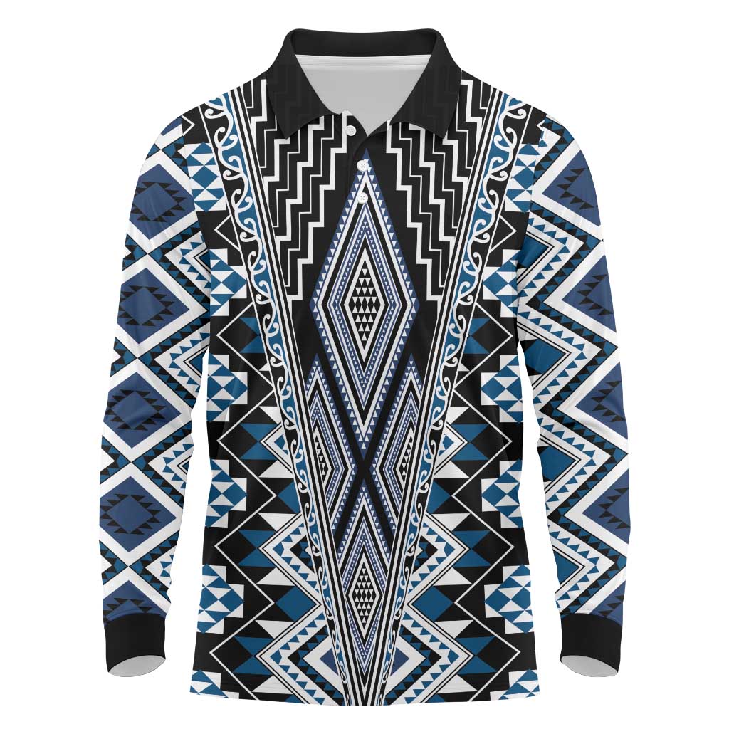Blue Aotearoa Tukutuku and Poutama Motif Long Sleeve Polo Shirt