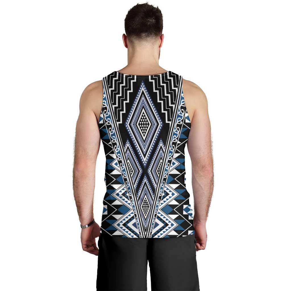 Blue Aotearoa Tukutuku and Poutama Motif Men Tank Top LT03 - Polynesian Pride