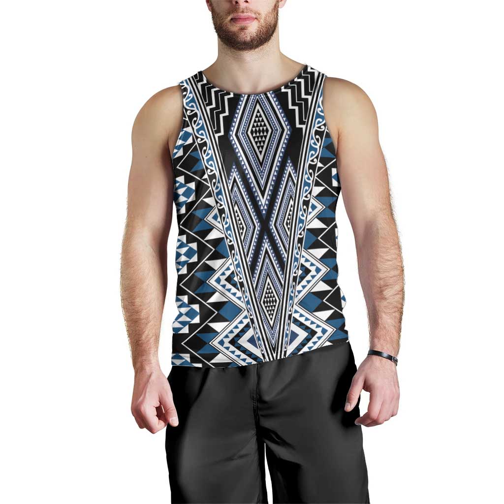 Blue Aotearoa Tukutuku and Poutama Motif Men Tank Top LT03 - Polynesian Pride