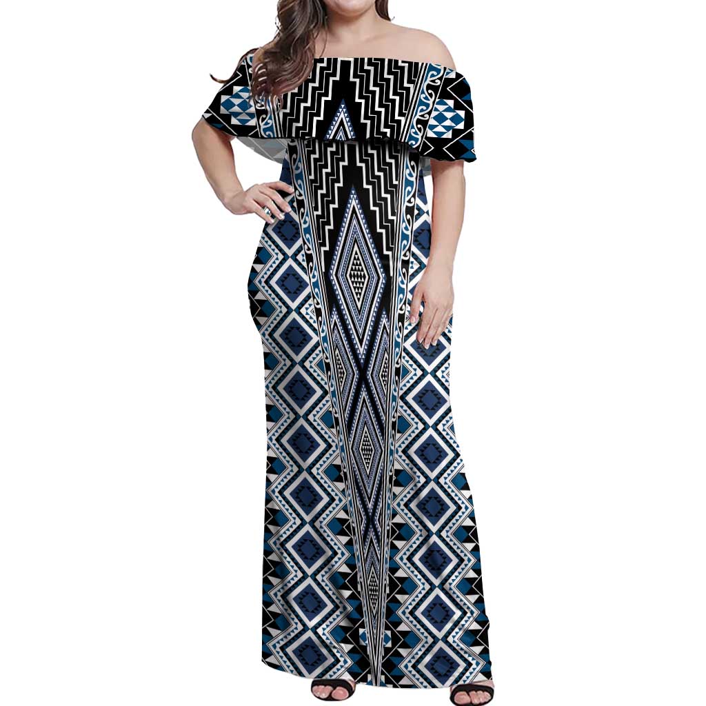 Blue Aotearoa Tukutuku and Poutama Motif Off Shoulder Maxi Dress LT03 Women Blue - Polynesian Pride