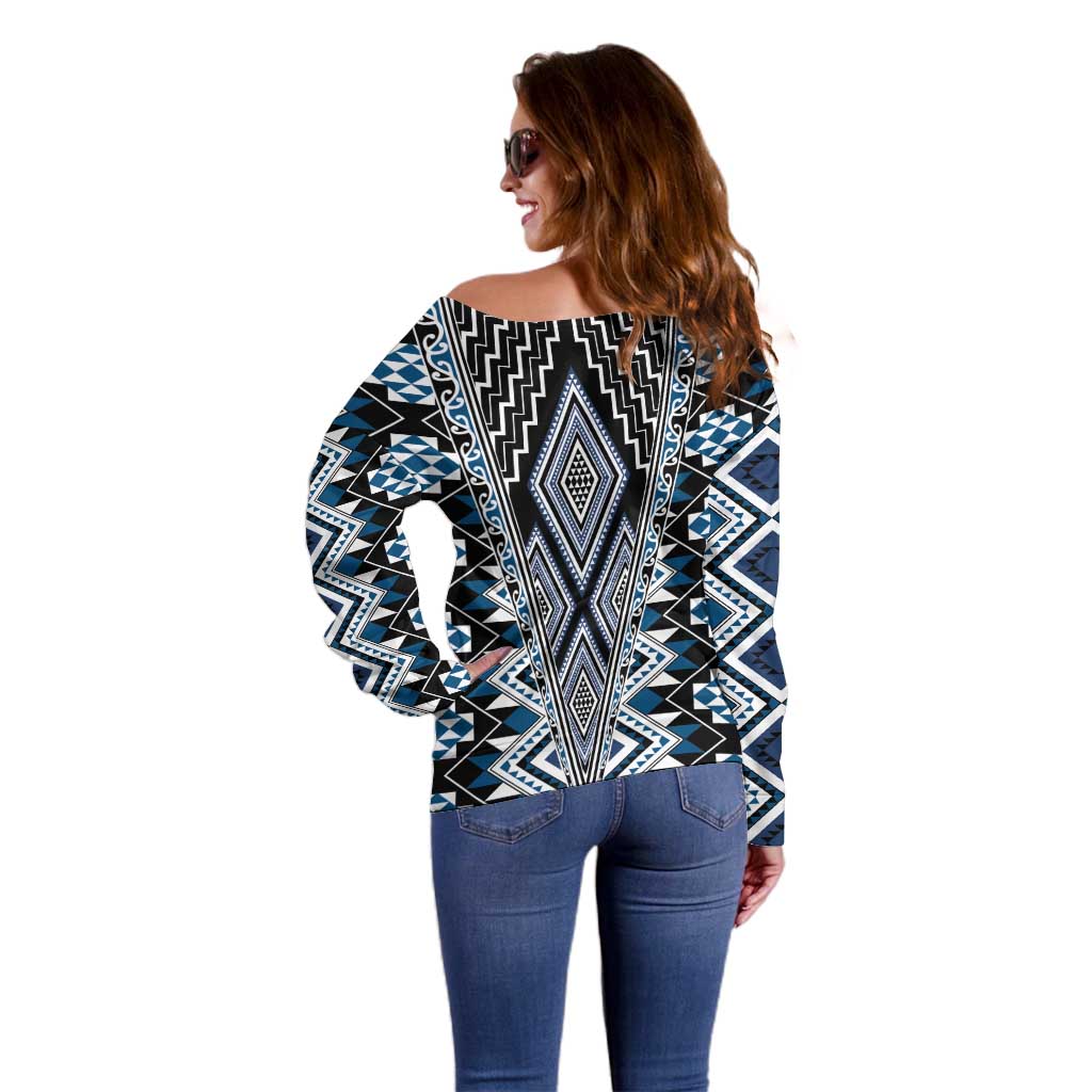Blue Aotearoa Tukutuku and Poutama Motif Off Shoulder Sweater